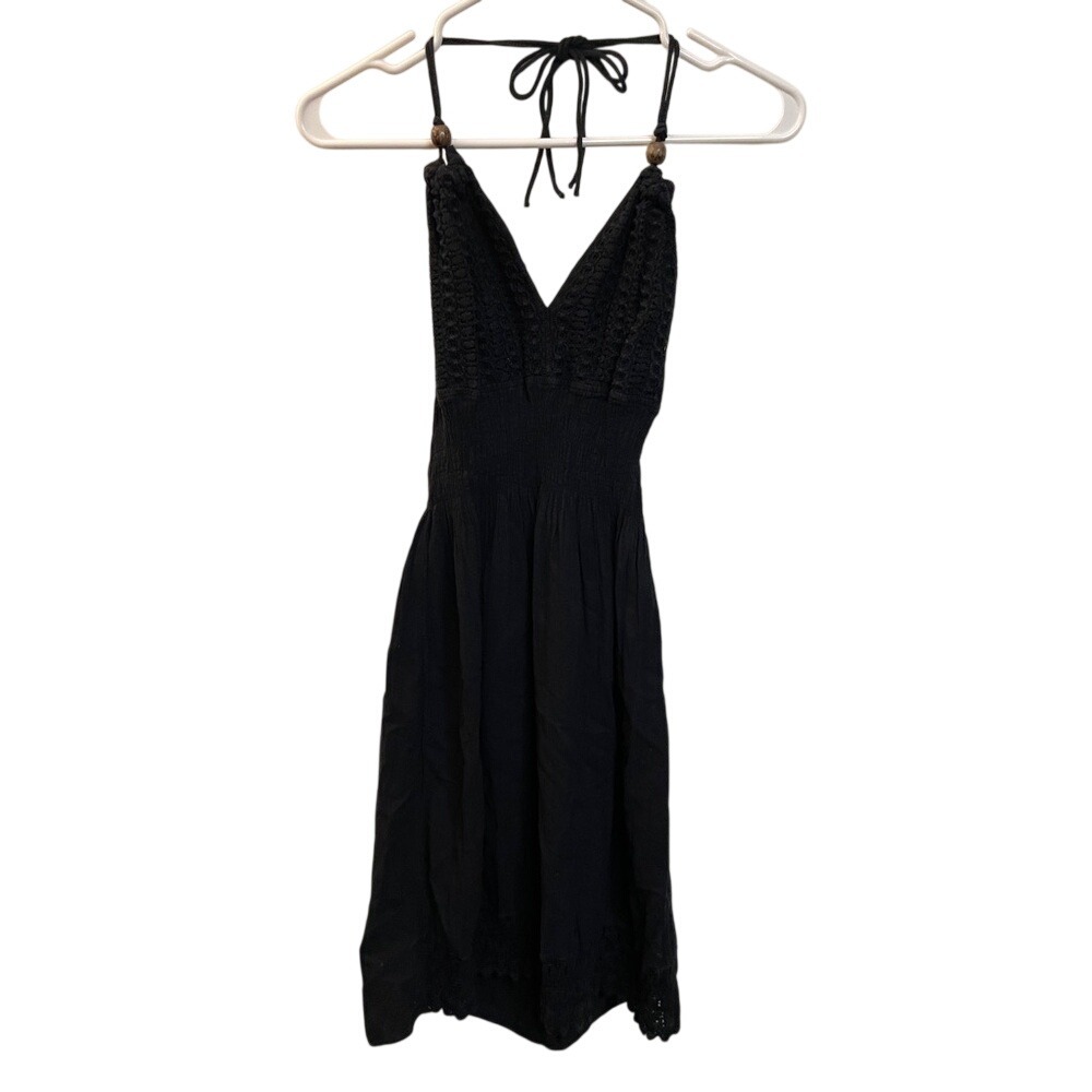 Cotton Natural Black Crochet Halter Mini Dress Wood Bead Smocked Waist Medium‎